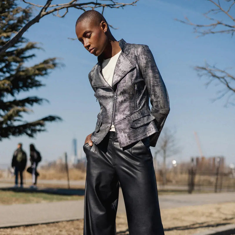 Metallic Liquid Leather™  Biker Jacket - Gunmetal Silver Clara Sun Woo