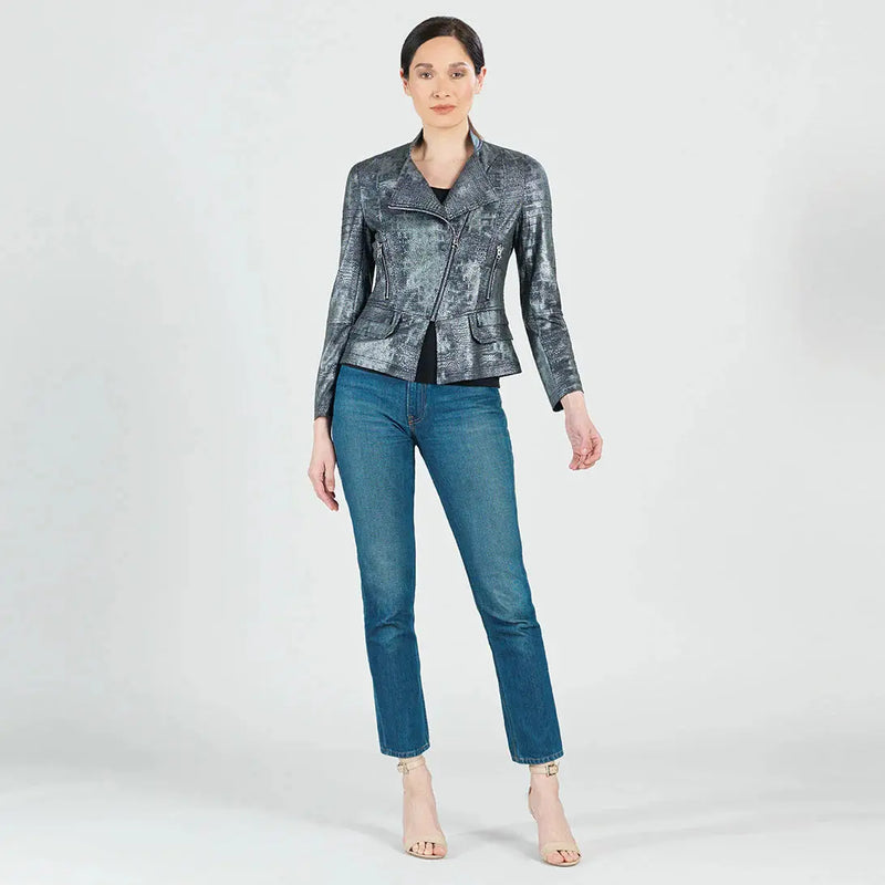 Metallic Liquid Leather™  Biker Jacket - Gunmetal Silver Clara Sun Woo
