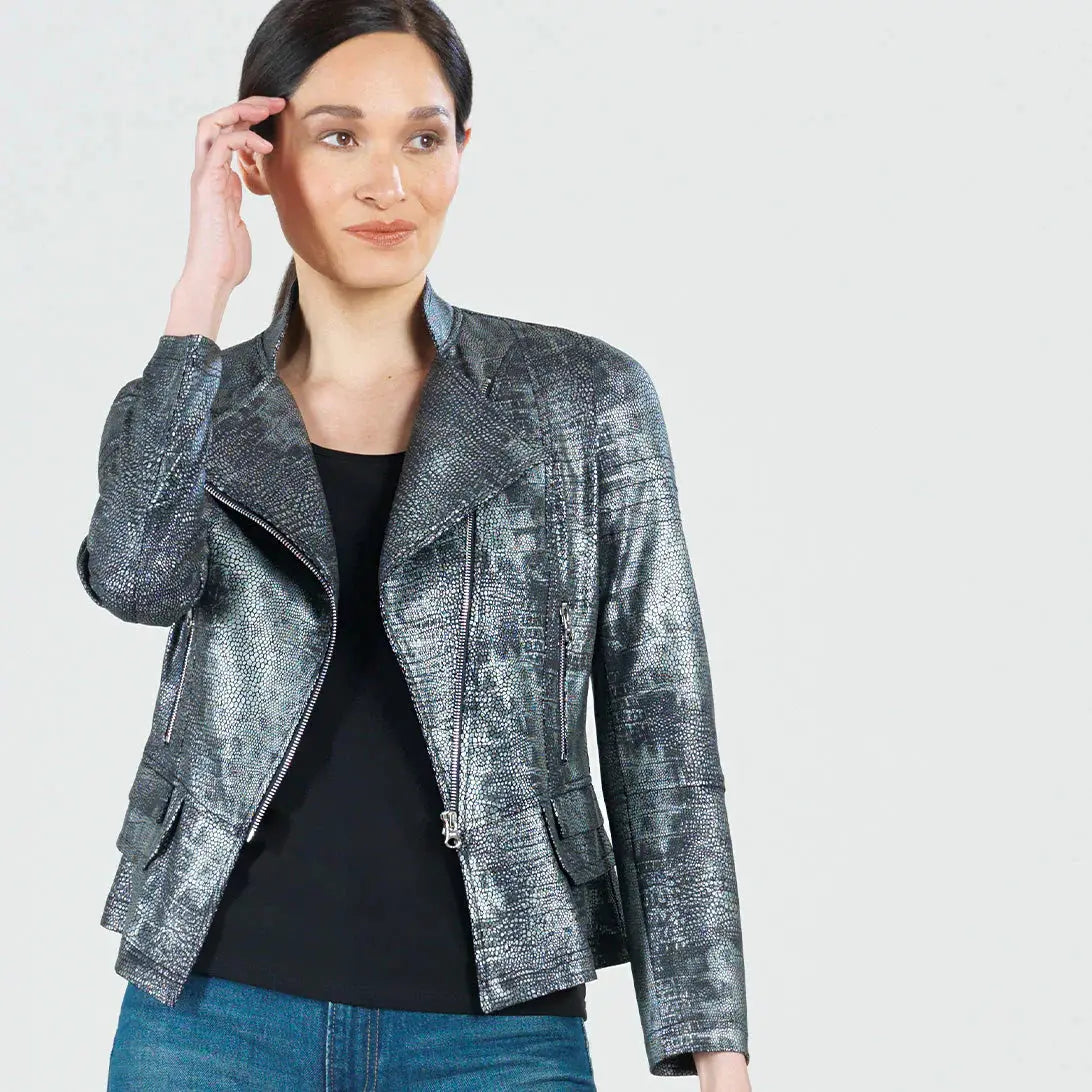 Metallic Liquid Leather™  Biker Jacket - Gunmetal Silver Clara Sun Woo