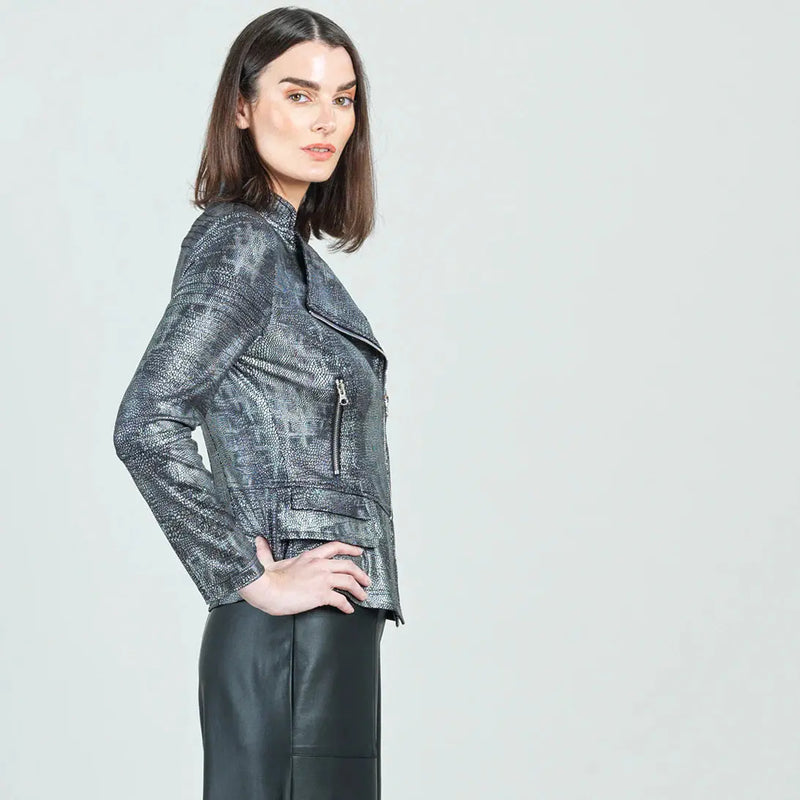 Metallic Liquid Leather™  Biker Jacket - Gunmetal Silver Clara Sun Woo