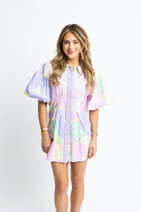 Pastel Floral Poplin Puff Slv Shirt Dress