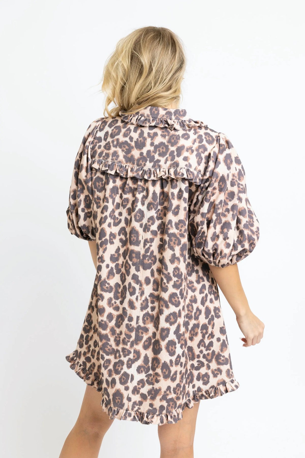 Leopard Denim Puff Slv Ruffle Pocket Dress Karlie