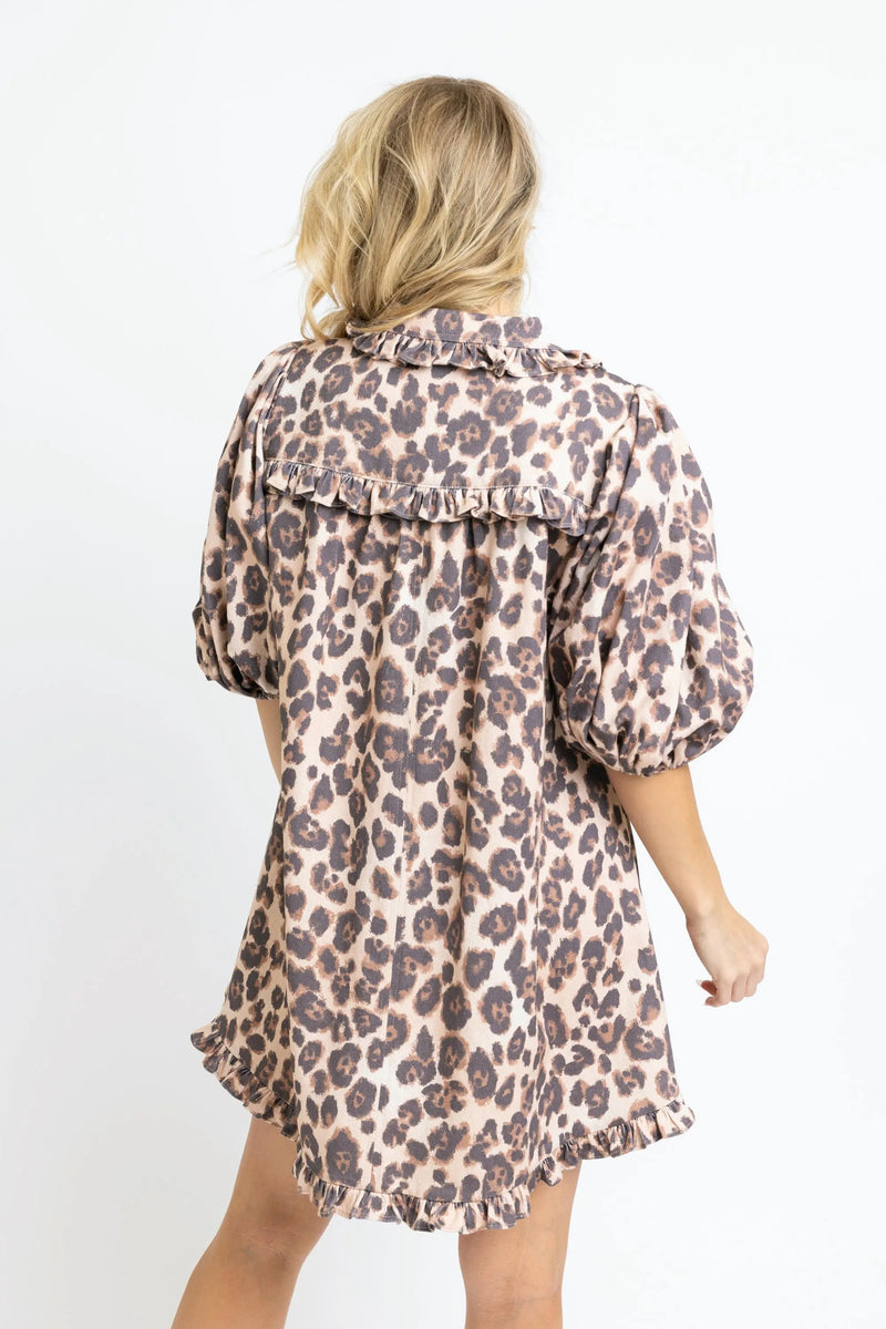 Leopard Denim Puff Slv Ruffle Pocket Dress Karlie