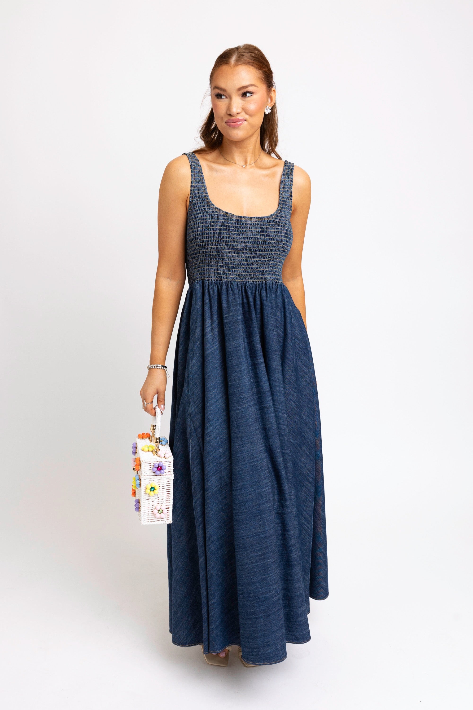 DENIM SMOCK TANK MAXI DRESS