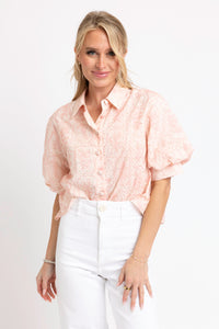 Eyelet Button Puff Sleeve Top