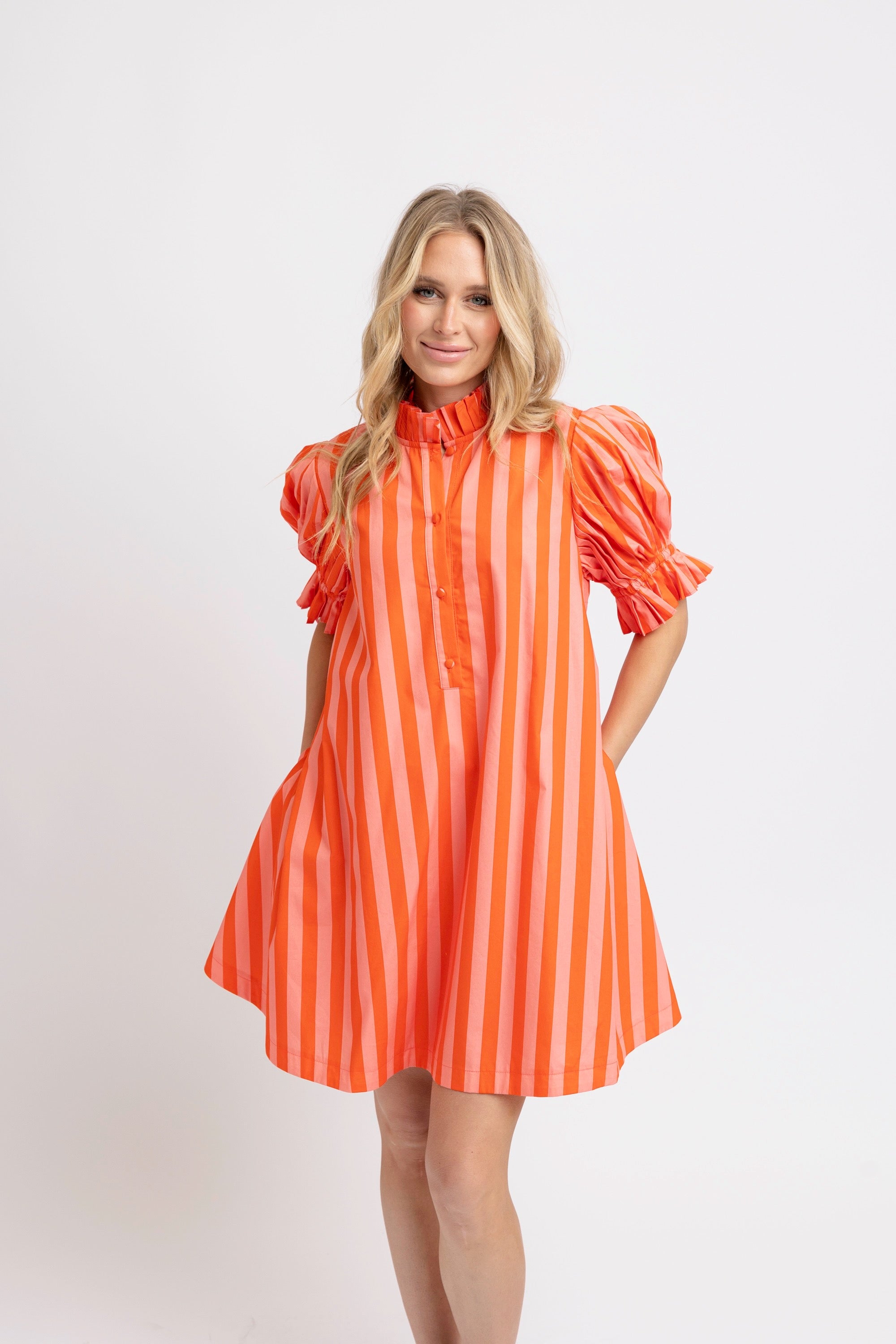 Stripe Button Tie Back Pleat Dress