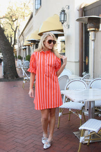 Stripe Button Tie Back Pleat Dress