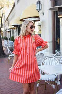 Stripe Button Tie Back Pleat Dress