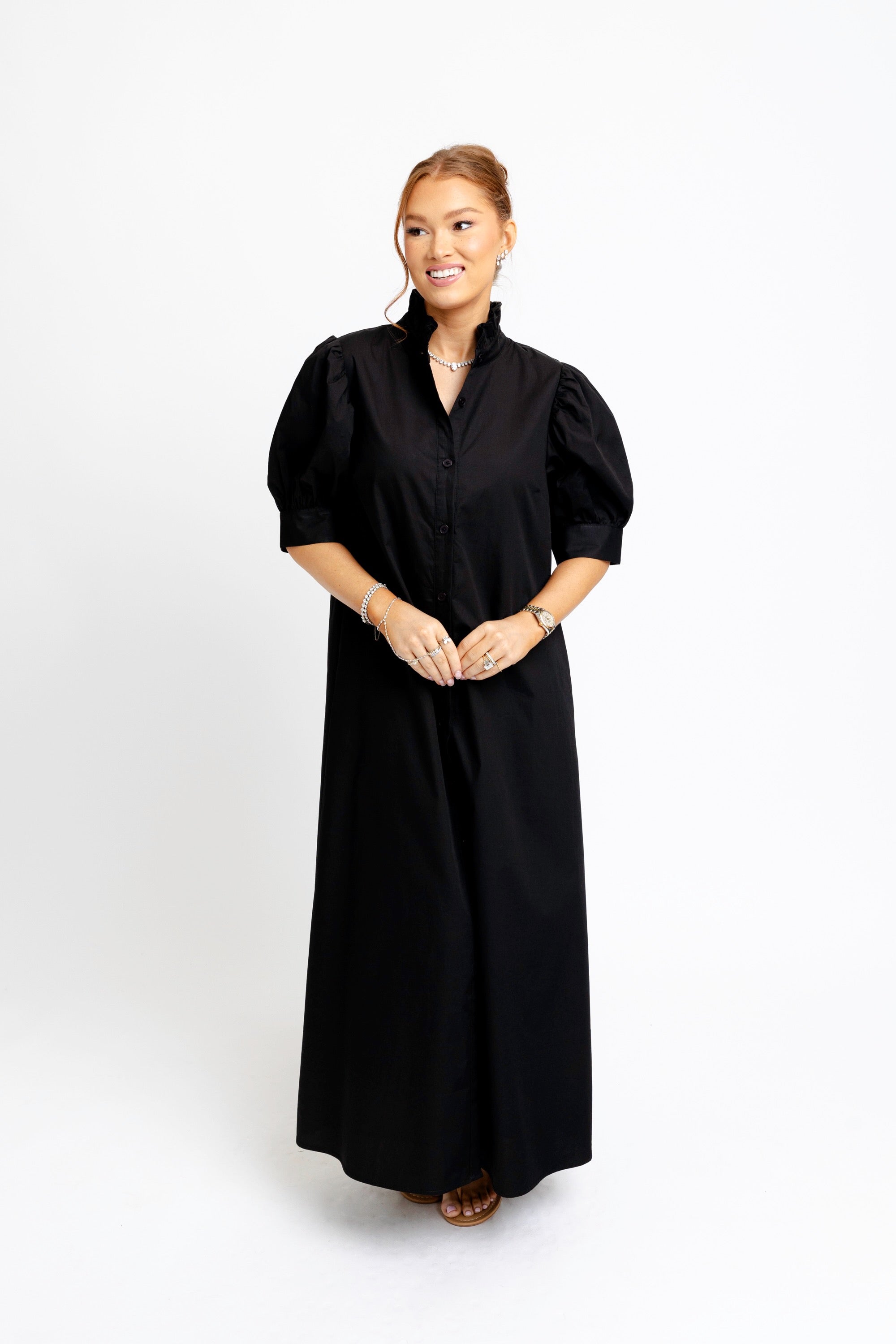 Poplin Ruffle Neck Shirt Dress