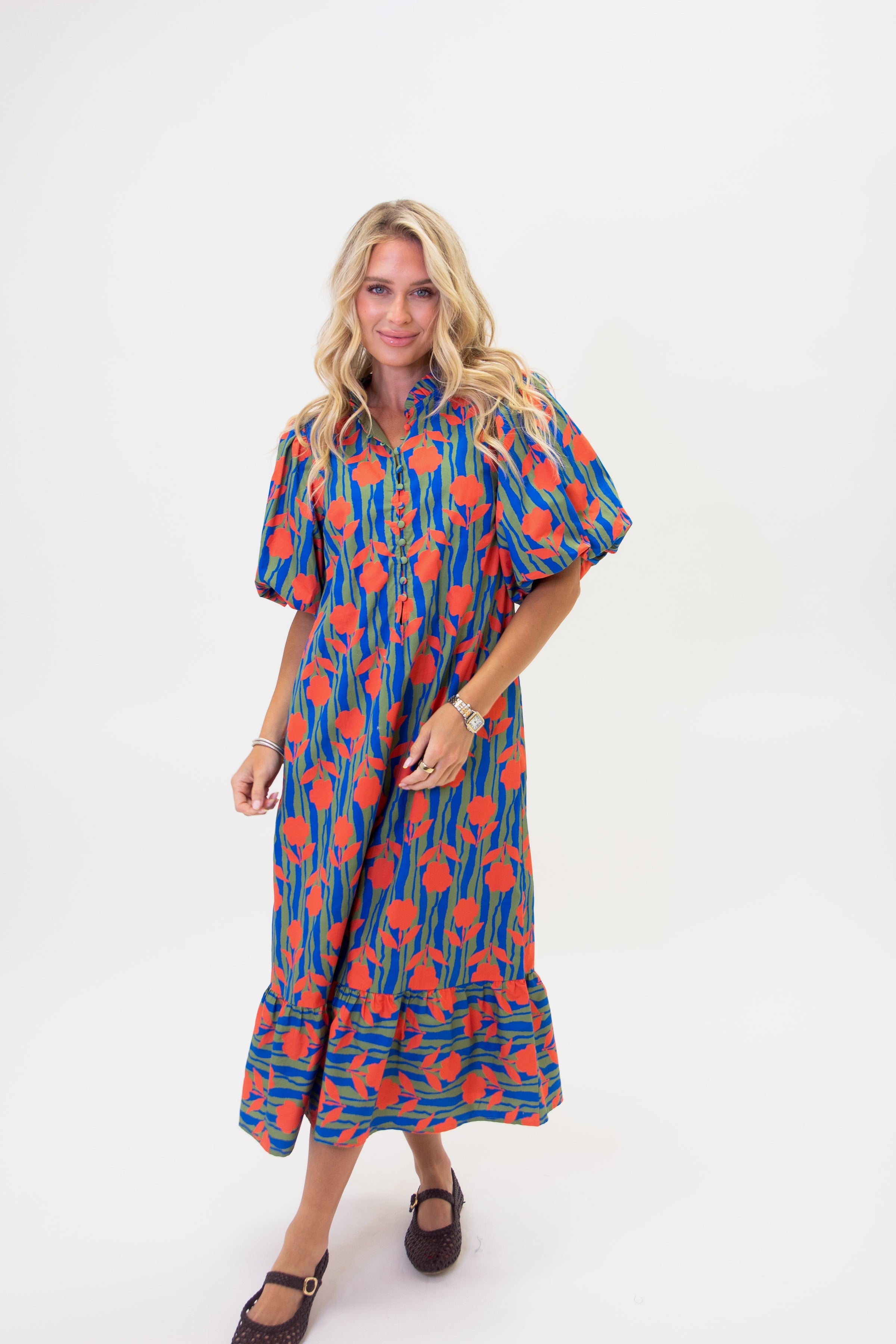 STRIPE MOD FLORAL PUFF SLV MAXI DRESS
