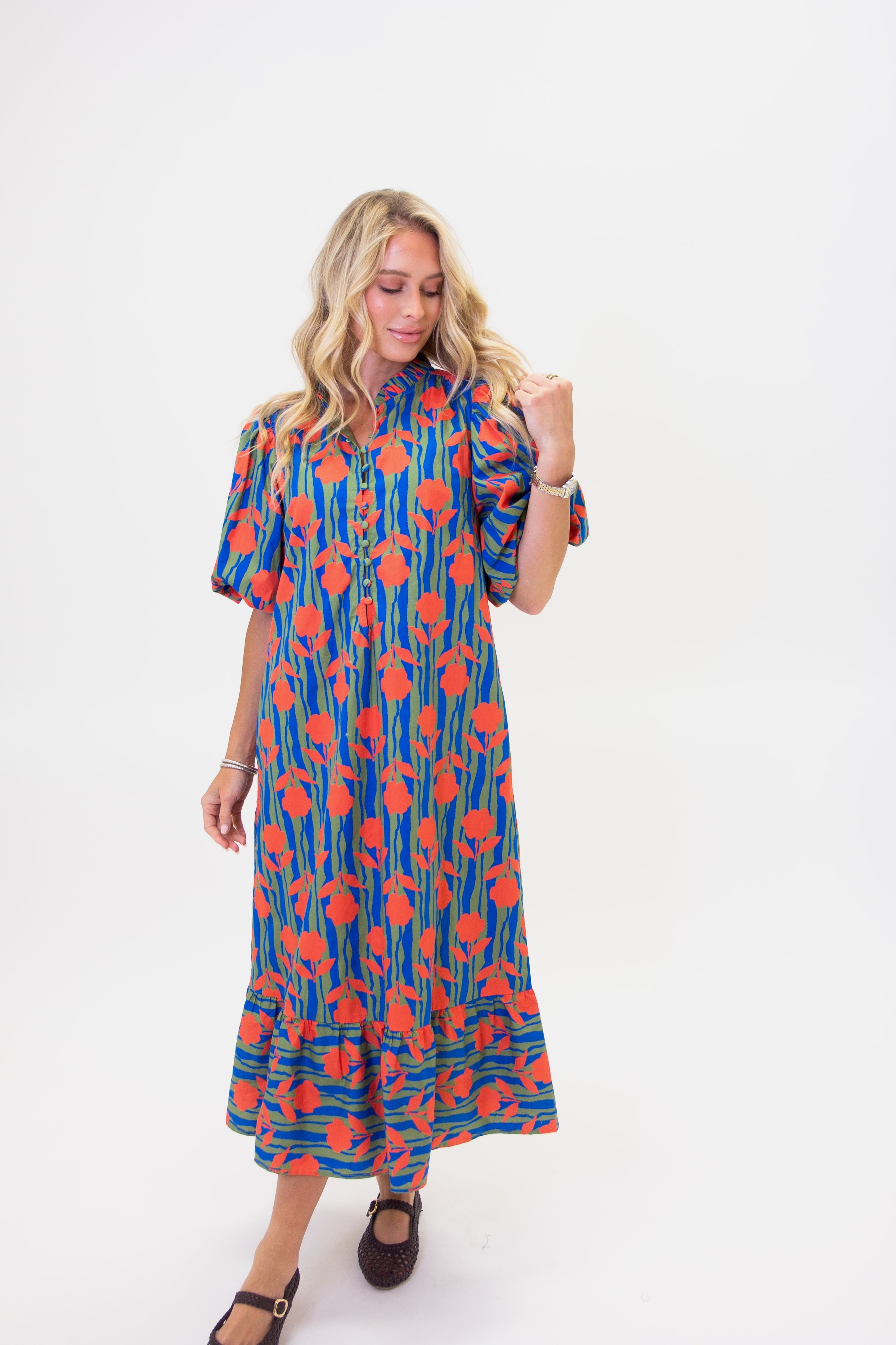 STRIPE MOD FLORAL PUFF SLV MAXI DRESS