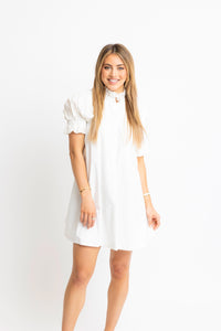 Solid Poplin Ruffle Neck Pleat Back Tie Dress
