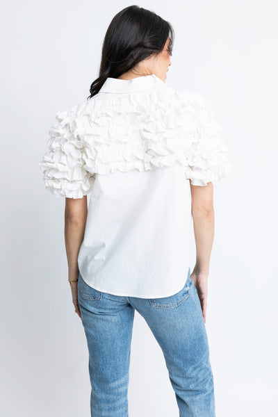 Solid Poplin Ruffle Button Up Top