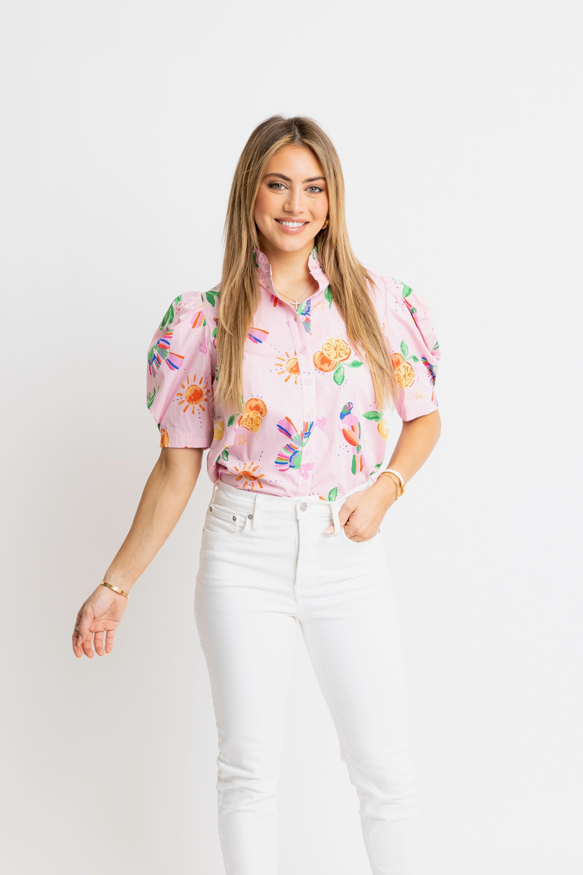Toucan Fruit Puff Slv Button Down Top
