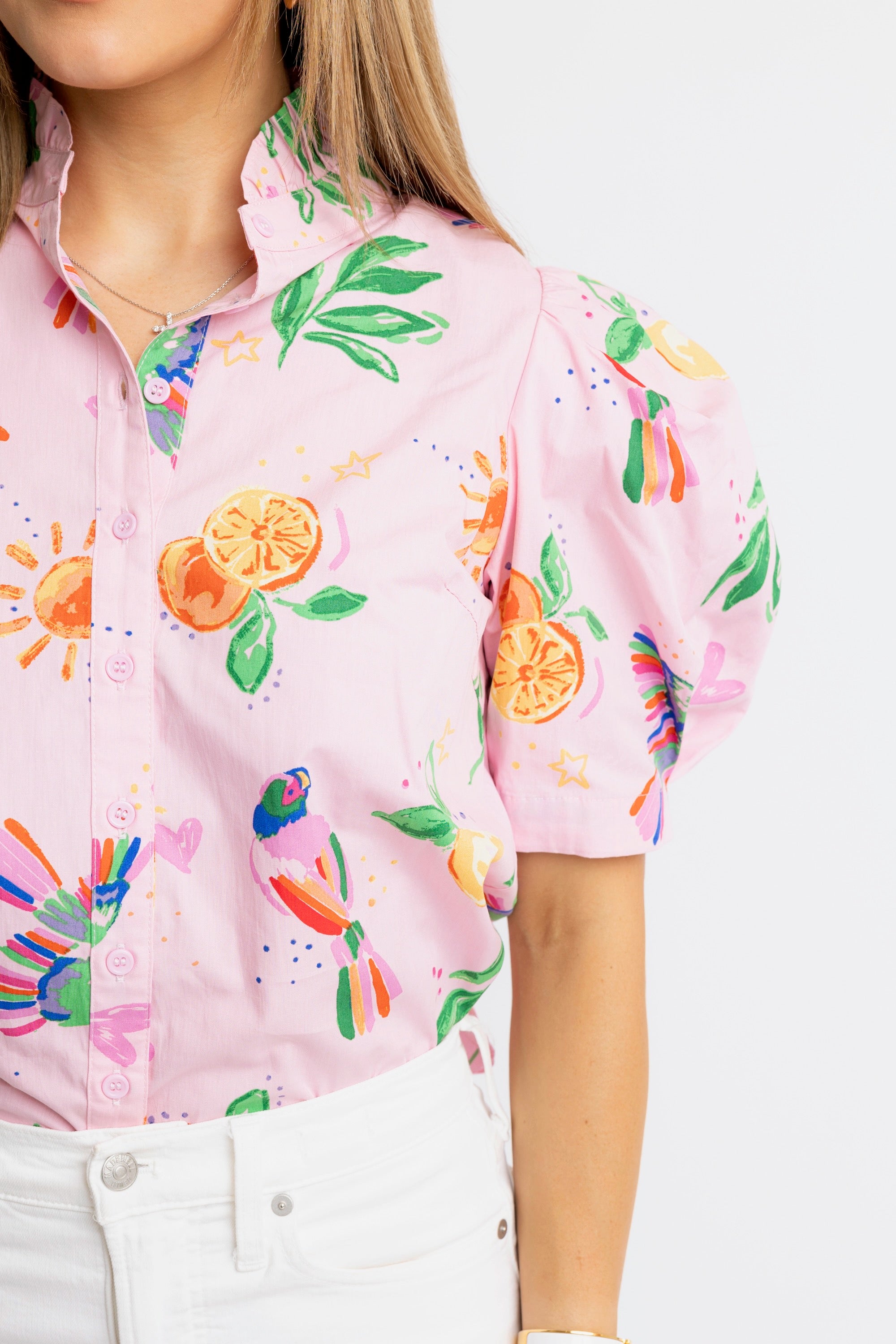 Toucan Fruit Puff Slv Button Down Top