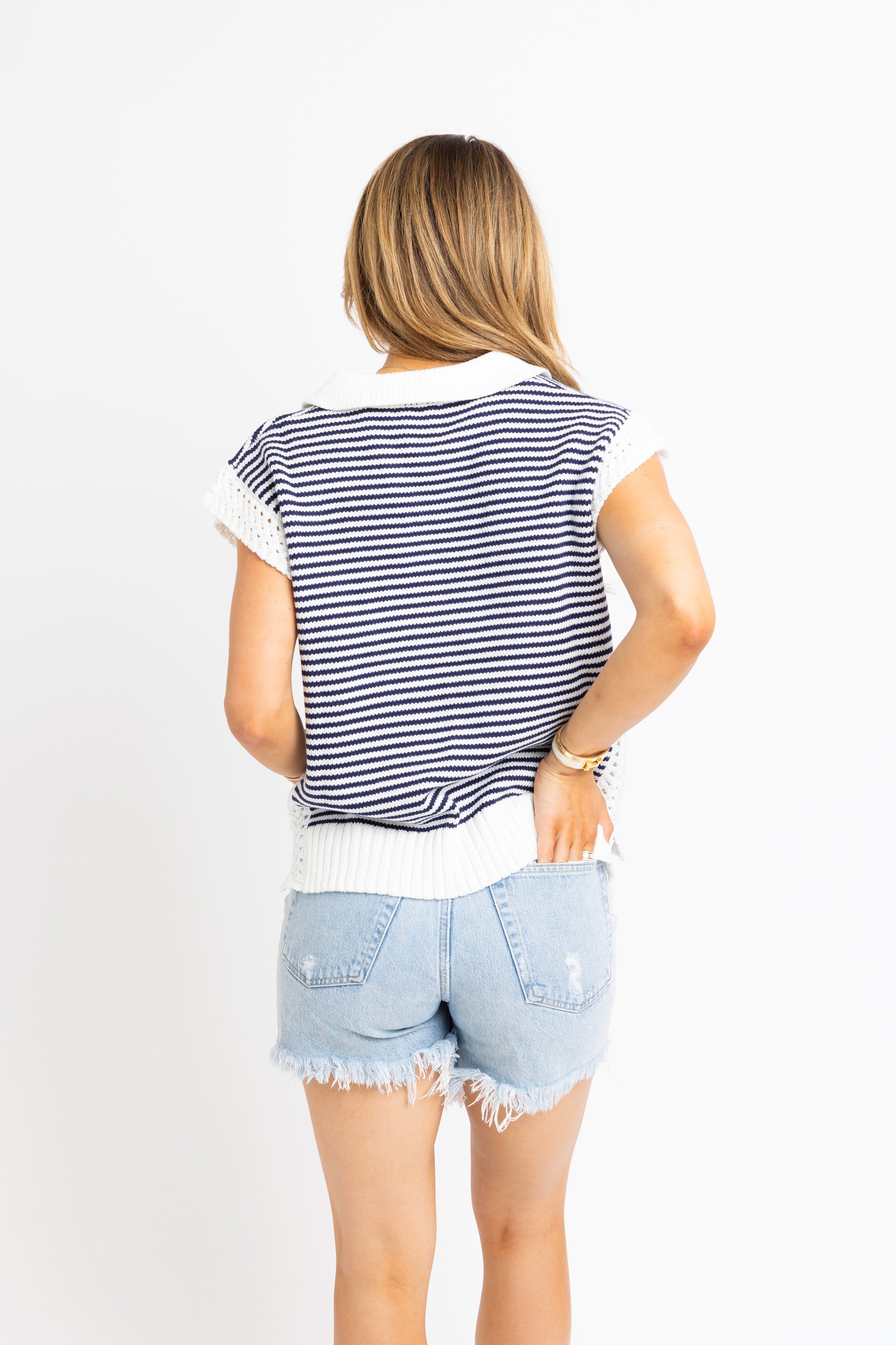 Stripe Vneck Slv Less Sweater - Navy
