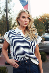 Stripe Vneck Slv Less Sweater - Navy