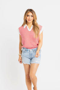 Stripe Vneck Slv Less Sweater - Red