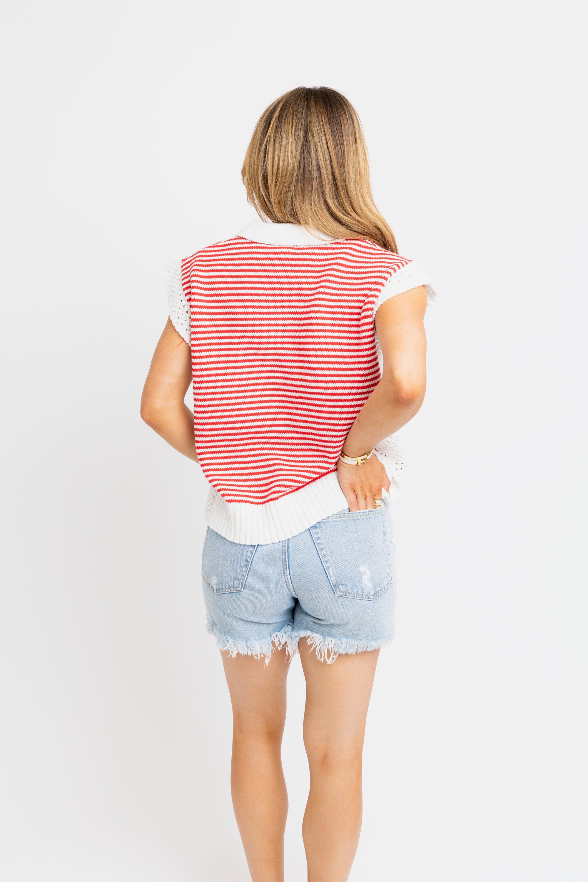 Stripe Vneck Slv Less Sweater - Red