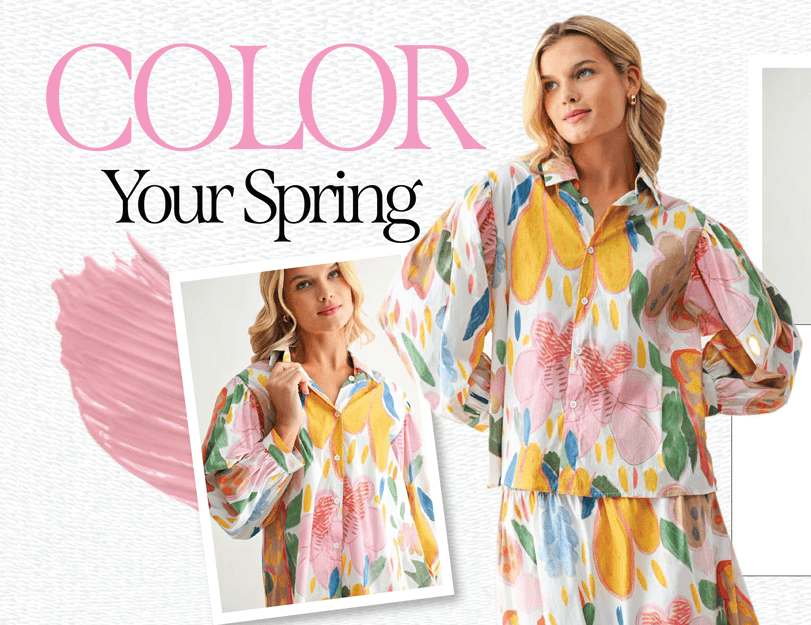 Promotional banner for clothing with models wearing colorful outfits and text 'Color Your Spring'.