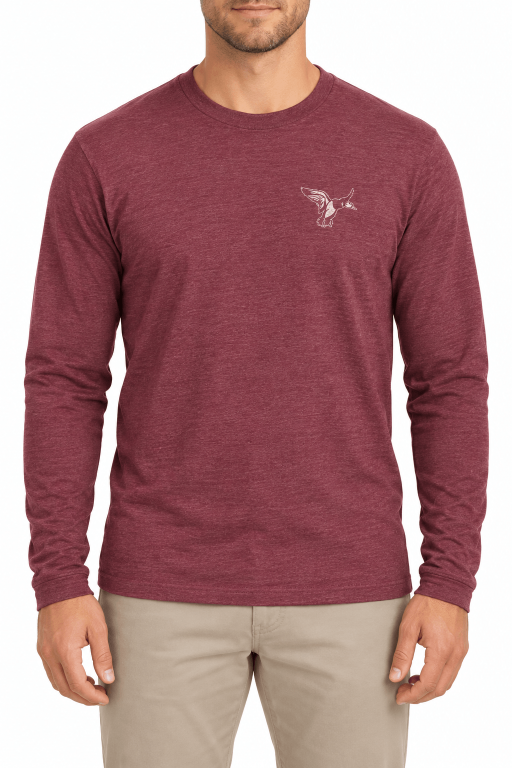 Men’s burgundy Peabody long sleeve tee with cream duck chest graphic
