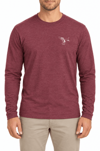 Men’s burgundy Peabody long sleeve tee with cream duck chest graphic
