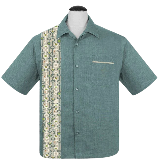 Mod Martini Panel Bowling Shirt in Aqua