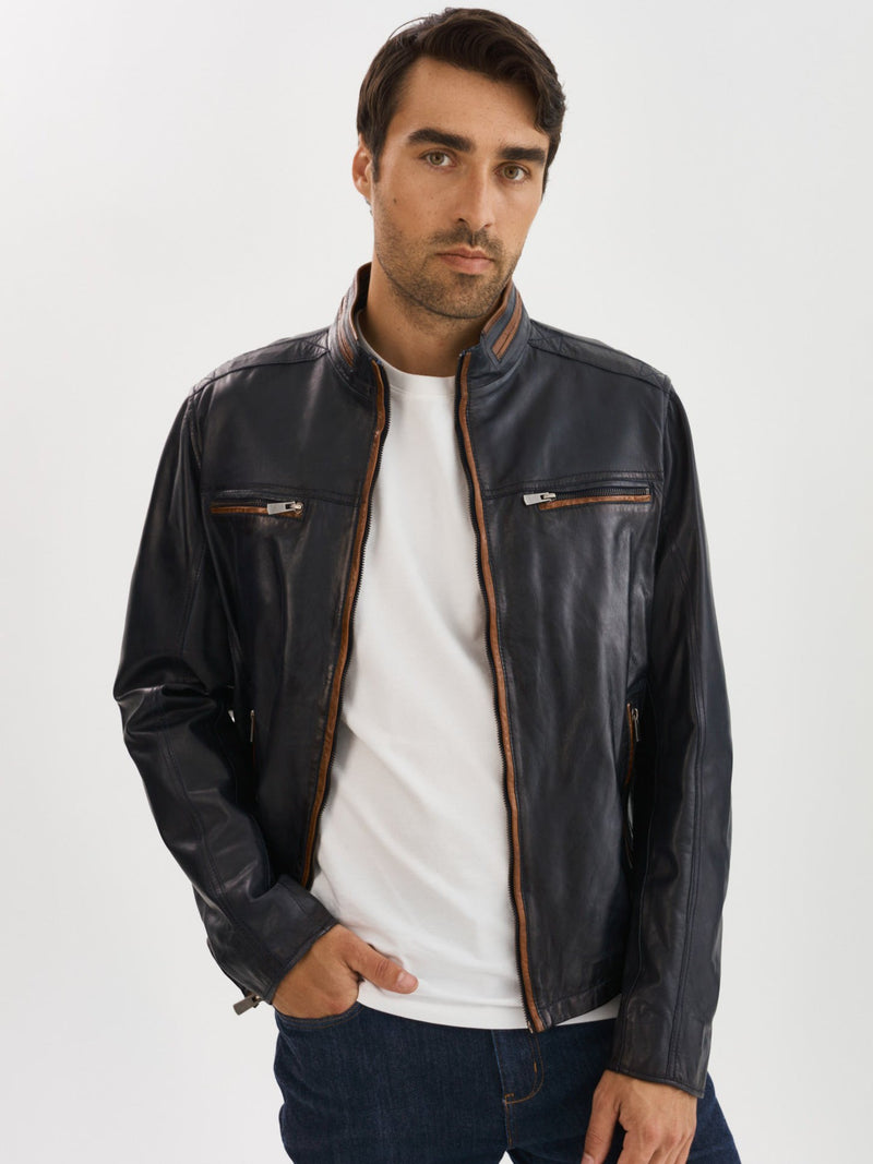 Nash Leather Jacket- Navy