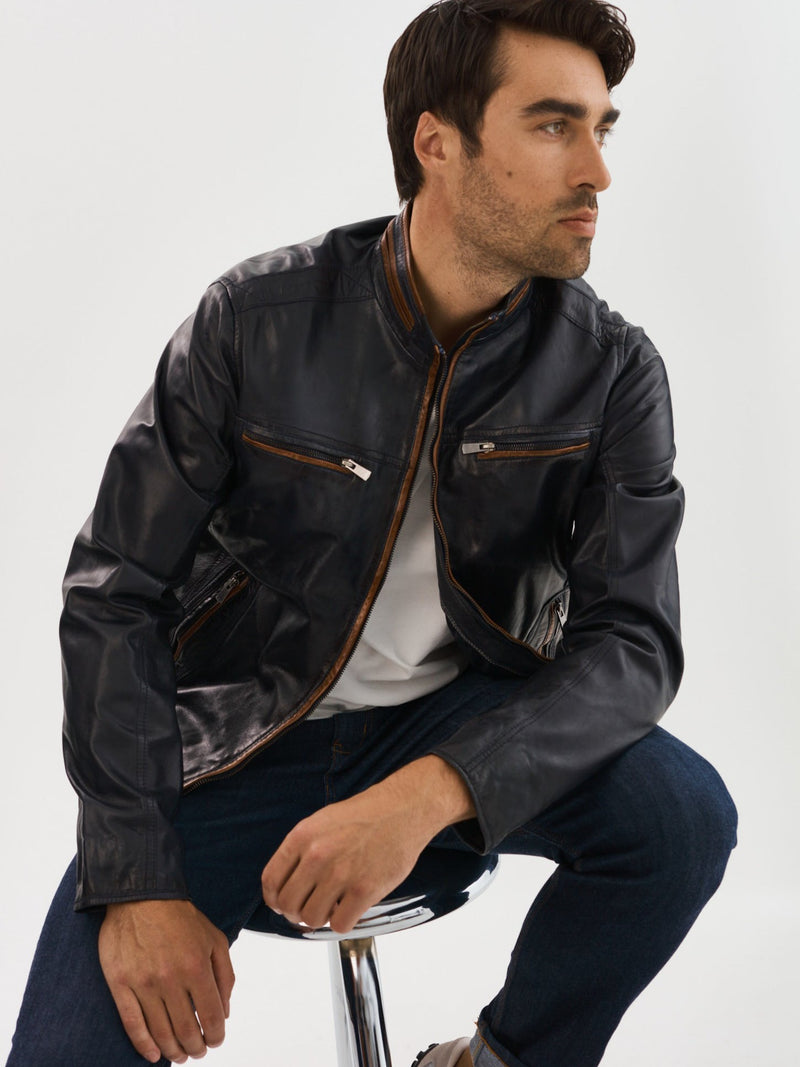 Nash Leather Jacket- Navy