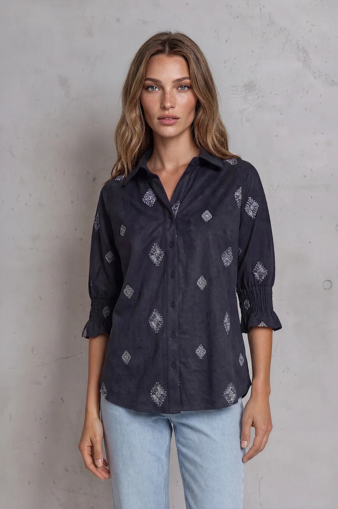 Navy Suede 3/4 Sleeve Blouse