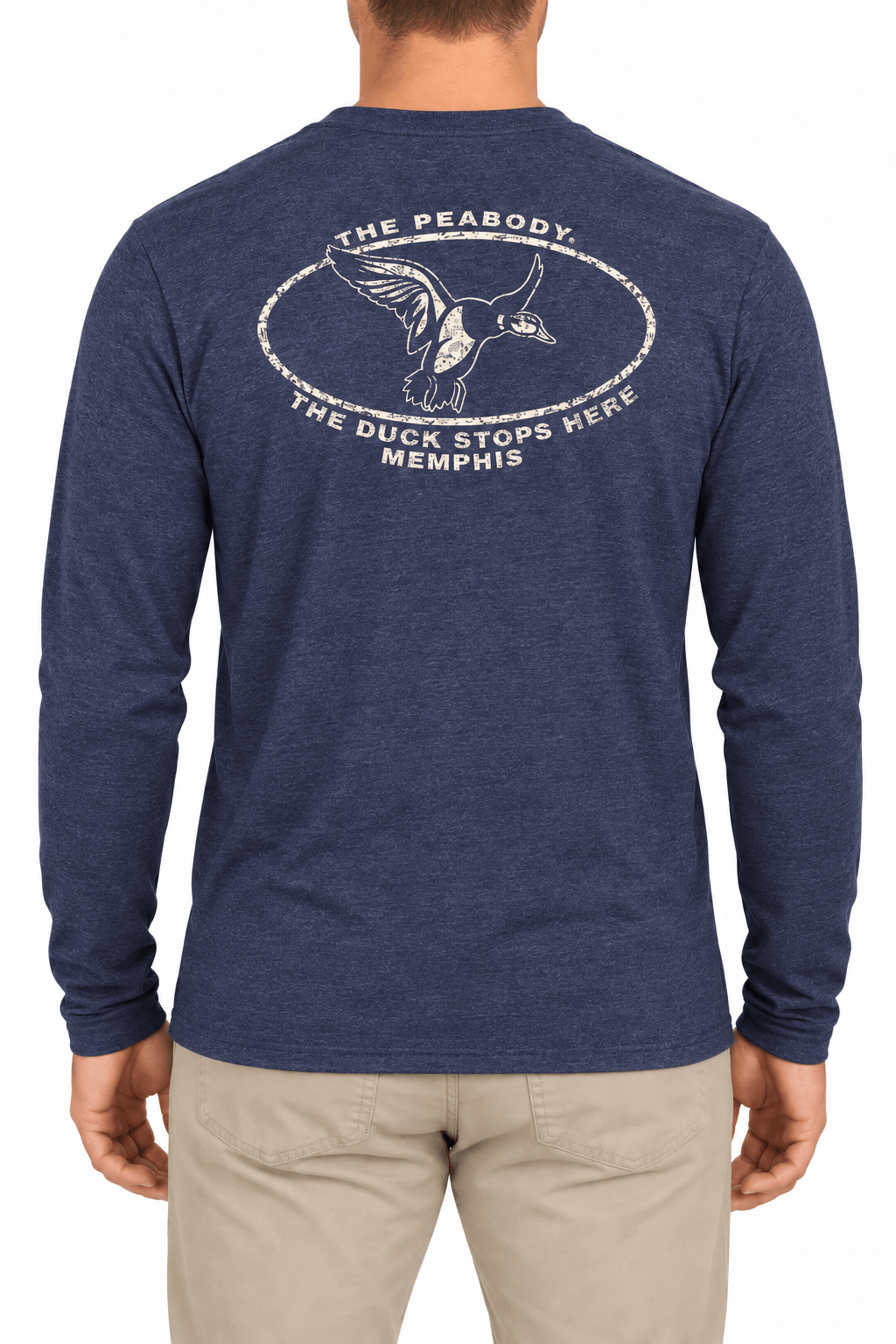 Back of The Duck Stops Here navy long-sleeved tee with large cream Peabody duck graphic
