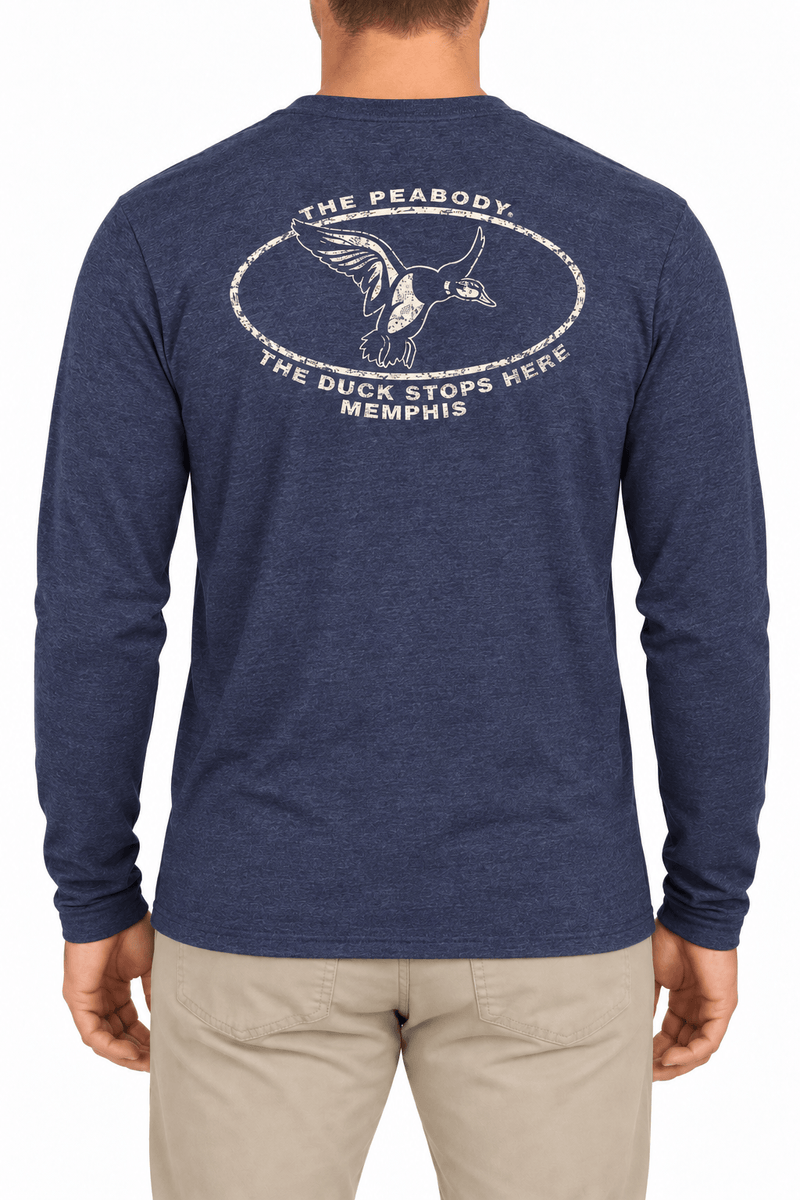 Back of The Duck Stops Here navy long-sleeved tee with large cream Peabody duck graphic