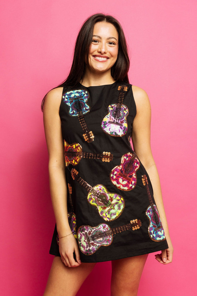 BLACK MULTI GUITARS COTTON TANK DRESS