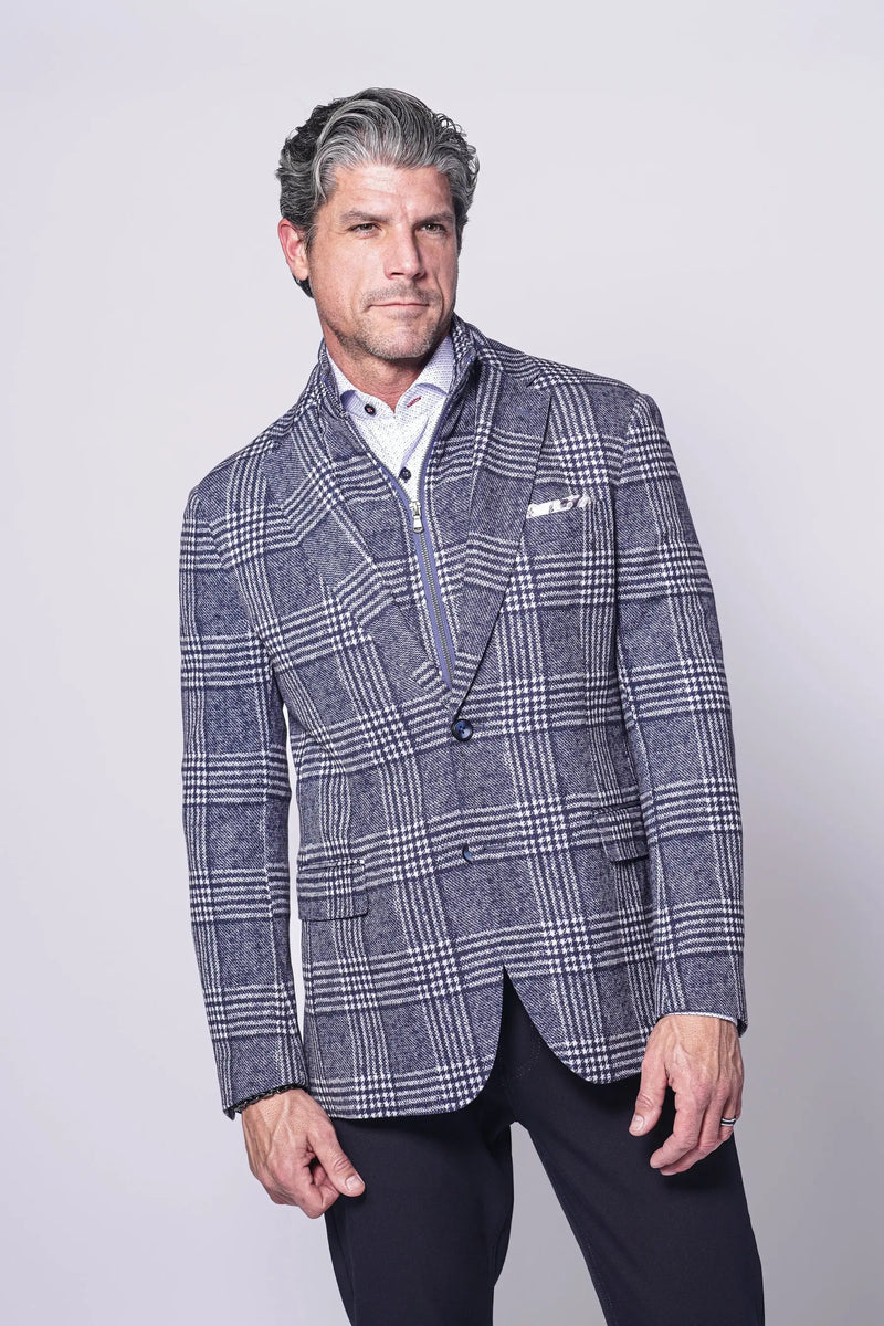 Rocco Sport Coat – Navy & White Plaid Stretch Knit with Bib Detail 7 Downie St.