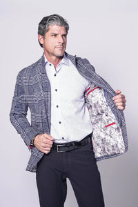 Rocco Sport Coat – Navy & White Plaid Stretch Knit with Bib Detail 7 Downie St.