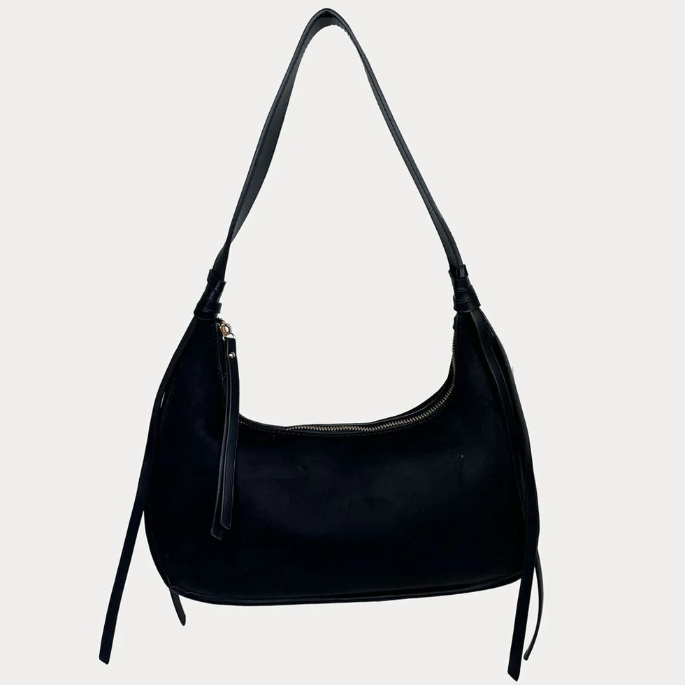 Sara Suede Shoulder Bag - Black