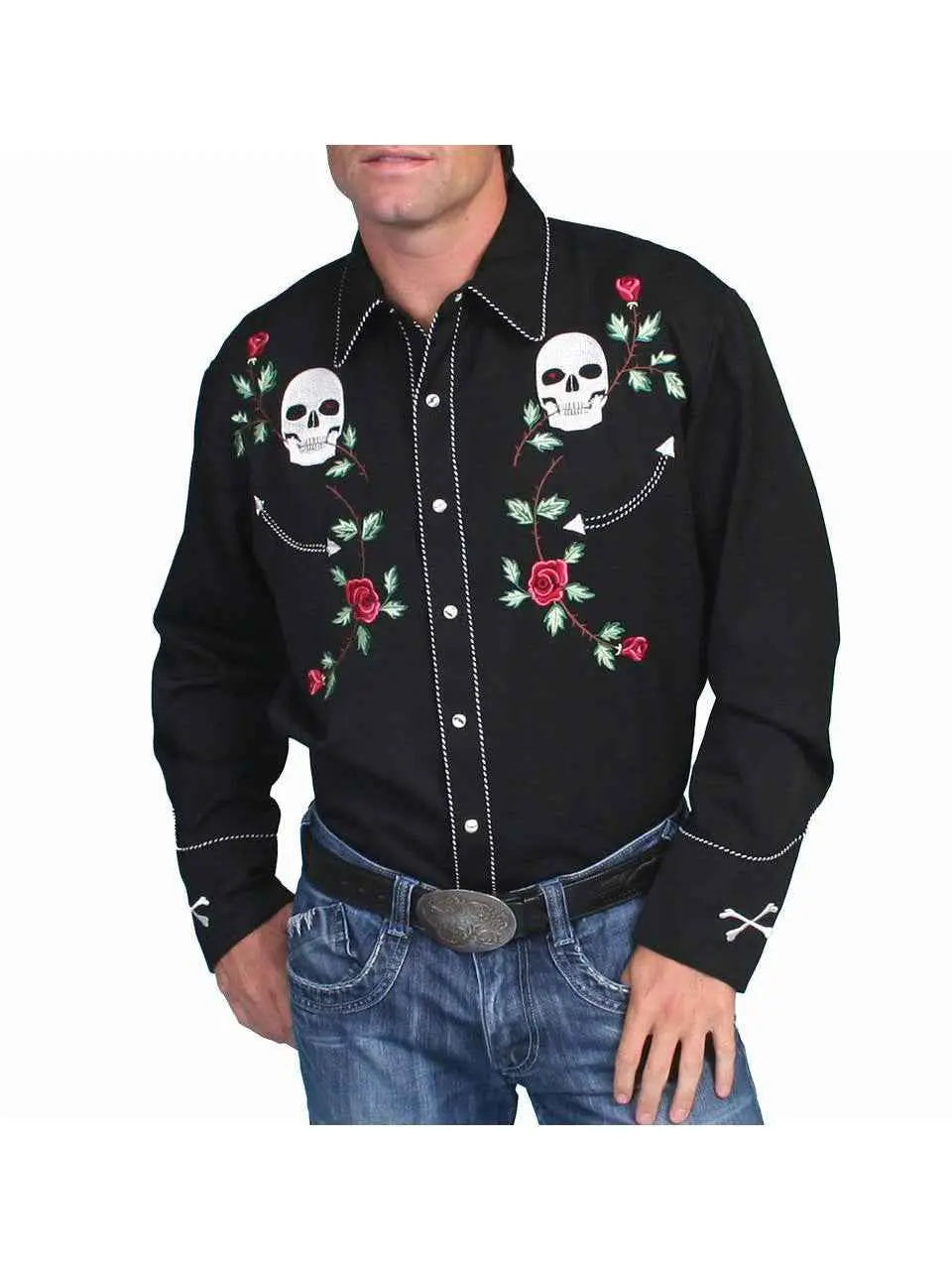 Skull & Roses Embroidered Rockabilly Shirt - Lansky Bros.