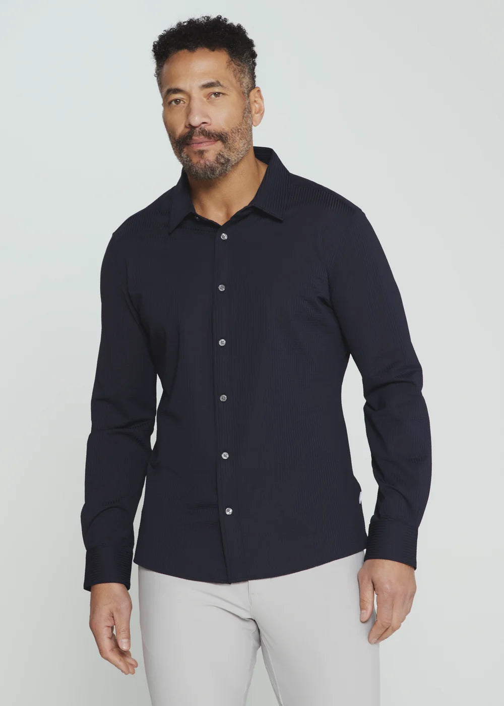 Ferris Seersucker Stretch Long Sleeve Shirt- Navy