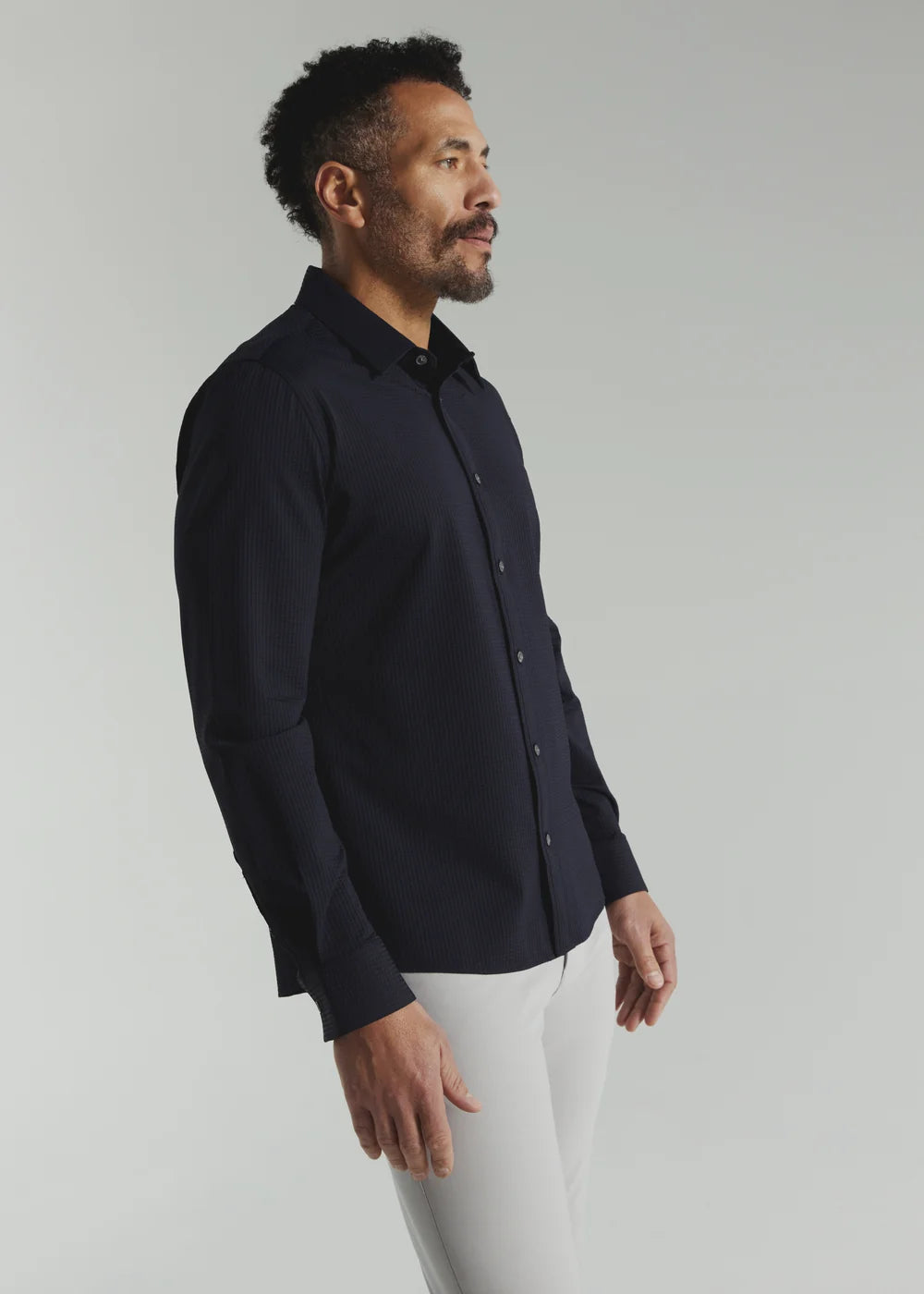 Ferris Seersucker Stretch Long Sleeve Shirt- Navy