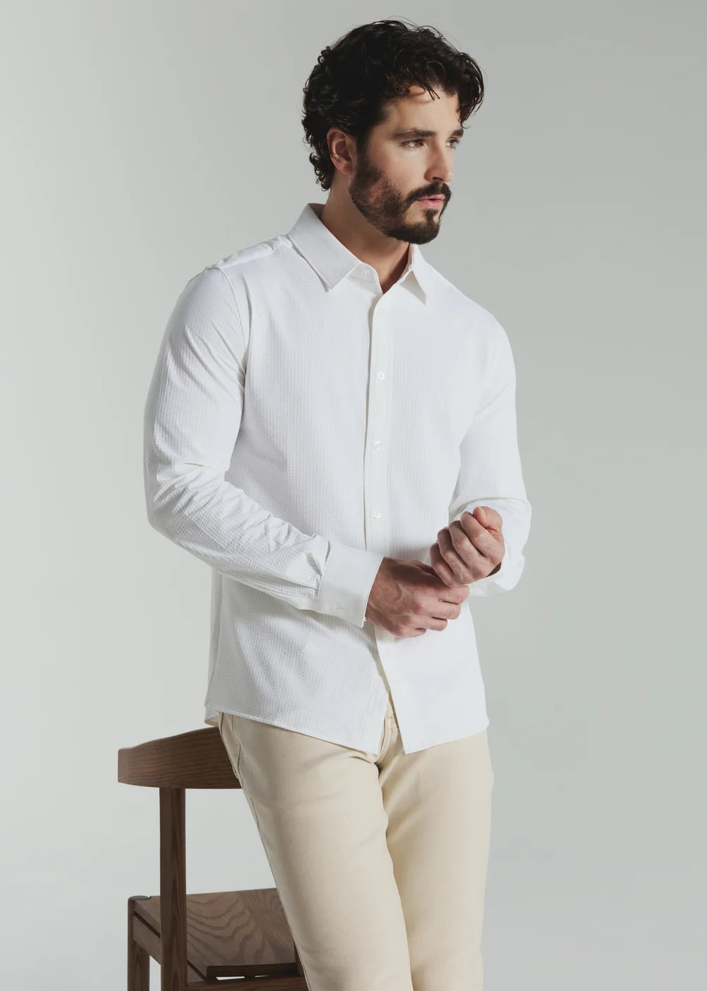 Ferris Seersucker Stretch Long Sleeve Shirt- White