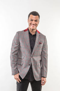 Gray & Red Plaid Velvet-Collar Sport Coat