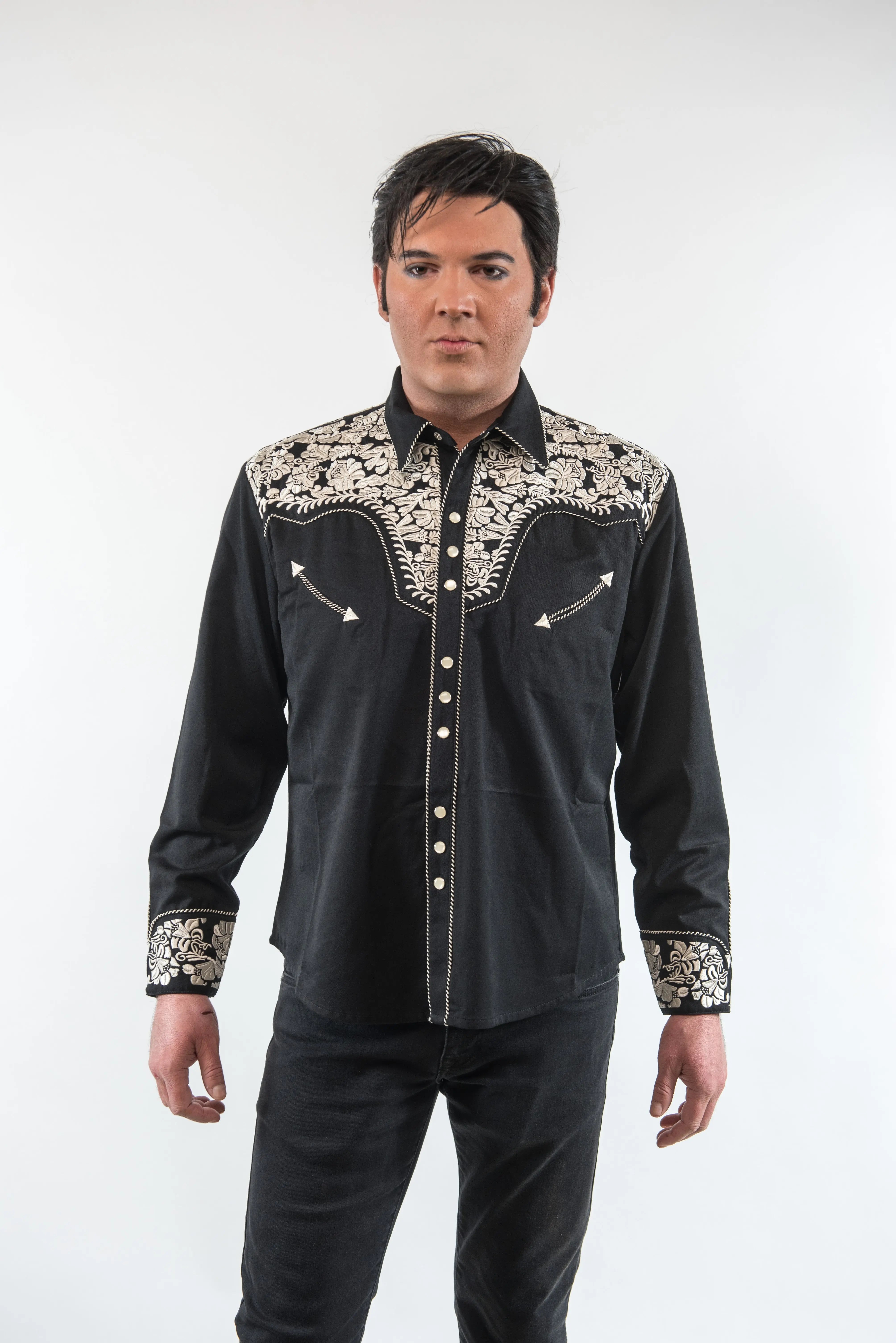 Floral Embroidered Rockabilly Shirt - Silver | Clothier to the