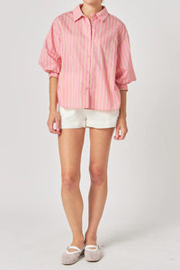 Striped Balloon Sleeve Shirt - Pink/Yellow