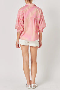 Striped Balloon Sleeve Shirt - Pink/Yellow