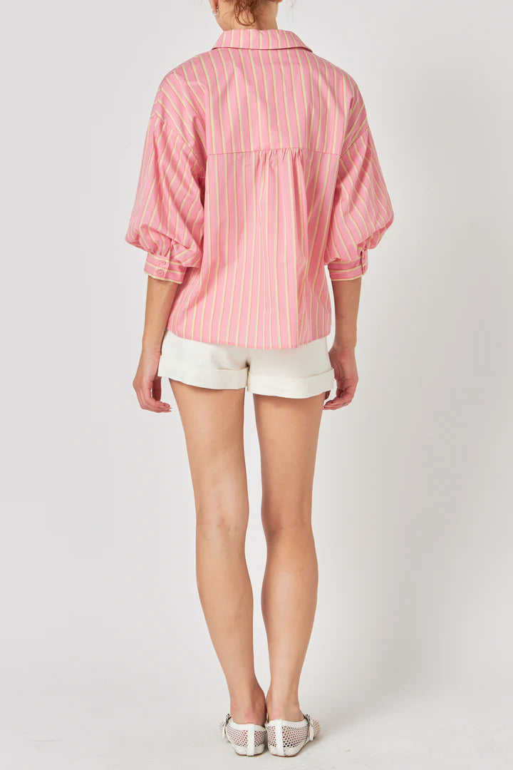 Striped Balloon Sleeve Shirt - Pink/Yellow