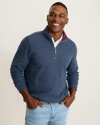 Tommy Bahama Flipview Reversible Half-Zip Sweatshirt in Cobalt Heather showing front view
