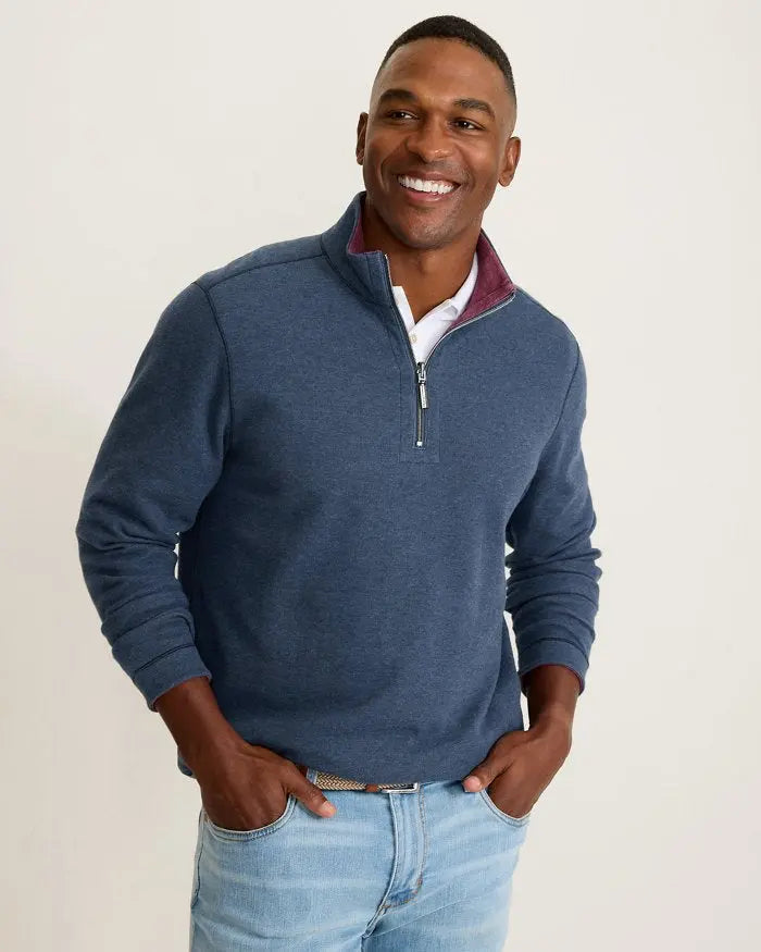Tommy Bahama Flipview Reversible Half-Zip Sweatshirt in Cobalt Heather showing front view

