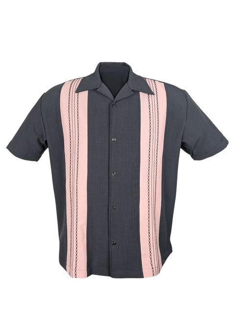 The Ricardo Bowling Shirt – Charcoal & Pink Retro Double Panel Shirt Clothier to The King