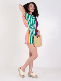 Model wearing Emily McCarthy Stripe Mix Poppy Romper – stylish women’s summer outfit with pockets and flattering fit