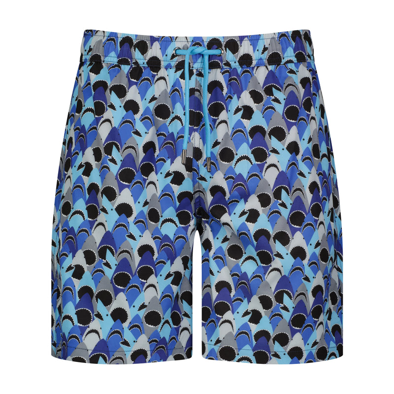 Blue Shark Print Swim Trunks